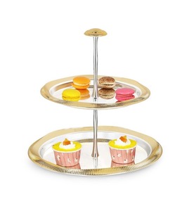 Elegant Silver 2 <b>Tier</b> Fruit Tray with Ribbed Gold Edges Modern Metal <b>Cake</b> Stand Luxury Tiered Serving Platter for Home Decor - Product Image 4