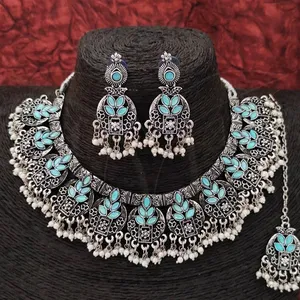Beautiful Paan Shape Design Clusterpearls Oxidized Silver Polish Jewellery Accessories Women Oxidized Necklace Set Jewelry Sets