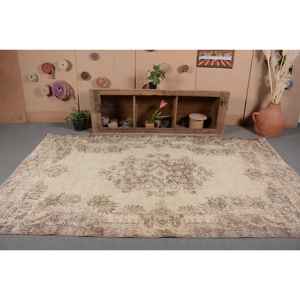 Tapis turc vintage 5.7 X 9.9ft Beige marron tissage plat laine Patchwork motif pour décor de salon ou couloir support en Latex - Product Image 4