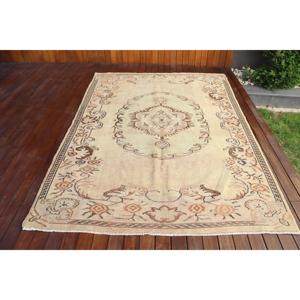 Vintage Rug, 6x8.5 ft Turkish Rug, <b>Brown</b> White Striped <b>Wool</b> Rug - Product Image 1