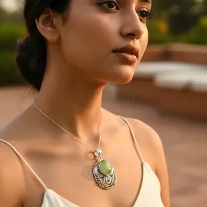 Collier pendentif bohème en argent 925 avec pierre verte ovale sertie clos, bijou unisexe pour usage quotidien - Product Image 3
