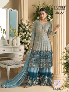 Designer exquis véritable Georgette Palazzo costume complet cousu taille libre Salwar Kameez avec travail de broderie lourd pour les fêtes - Product Image 3