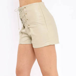 Pantalones cortos de cuero para mujer de cintura alta OEM cintura elástica mejor precio entrenamiento patrón caliente nuevo logotipo liso teñido botón arco transpirable - Product Image 3