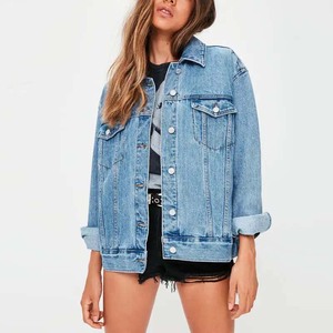 Light Blue Women's Denim <b>Trucker</b> <b>Jacket</b> Full Sleeve Turn-down Collar Button Closure Washed Cotton Spring Style - Product Image 1