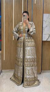 Robe de soirée arabe de luxe en soie brodée, style caftan marocain, élégante et modeste, col en V, longueur ras du sol, vente directe d'usine - Product Image 6
