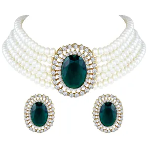Aheli-gargantilla de perlas de imitación para mujer y niña, collar con pendientes, conjunto de joyería tradicional de bollwood India (verde)