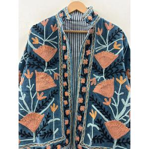 Autumn the Poppy Garden Hand-Embroidered Velvet <b>Jacket</b> Indigo Teal Suzani Style - Product Image 3