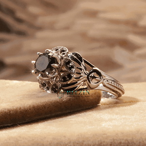 Bague de fiançailles de style Art déco avec diamant rond noir pour femme - Product Image 5