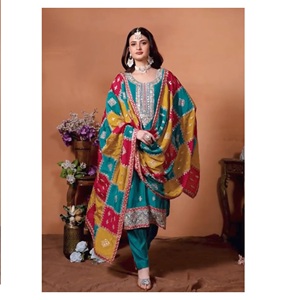 Meilleure exportation multicolore brodé attrayant fête porter Chinon soie tissu Kurti pantalon Dupatta disponible dans des tailles personnalisées - Product Image 1