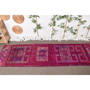 Vintage Rug, 2.8x10 ft <b>Runner</b> Turkish Rug, Herki <b>Red</b> Purple Check Rug - Product Image 3