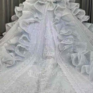 Robe de mariée OY011 bleu roi à col en V, volants, dentelle moderne, fleurs en cristal et traîne chapelle pour filles - Product Image 5