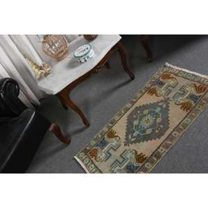 Alfombra de lana hecha a mano clásica Beige azul de 1,7x3,4 pies, respaldo de látex rectangular de retazos de estilo turco para adolescentes de gran tamaño para vivir - Product Image 2