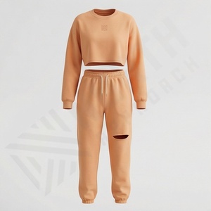 Custom Women Clothing Heavy Weight Crew Neck Tracksuit Latest Design Baggy Two Piece <b>Distress</b> Hoodie Sweatpants Set Sportswear - Product Image 1