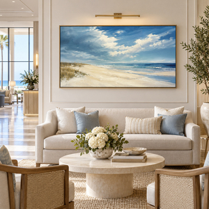 Grande toile murale d'art, peinte à la main, paysage côtier, ciel bleu, paysage marin, décoration moderne pour salon, hôtel, intérieur - Product Image 1
