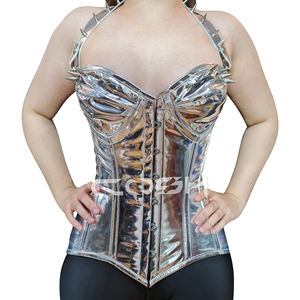 Corset en PVC argenté robuste avec baleines en acier, à clous sur les bretelles, pour tenue gothique punk, vente en gros, fournisseur - Product Image 1