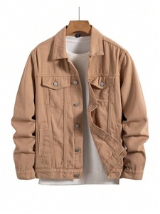 แจ็กเก็ตยีนส์สีเทาของผู้ชายทรงหลวมปกคอปกแบบลำลองดีไซน์กระดุมแถวเดียวซักได้พร้อมกระเป๋า - Product Image 5