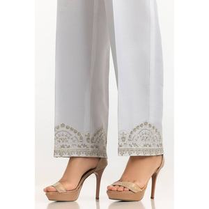 Pantalon large blanc 100% soie brute satinée, taille haute, brodé TR-24-24, respirant et confortable - Product Image 1