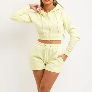 Ensemble de survêtement sport en molleton à capuche deux pièces sur mesure de haute qualité 100% coton surdimensionné à manches longues Shorts pour femmes - Product Image 4