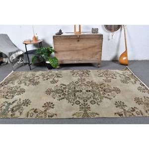 Vintage Turkish <b>Rug</b> Classic Beige Green 4.4 X 8.3ft Large Area Patchwork Wool with Latex Backing for Hallway or <b>Bedroom</b> - Product Image 1