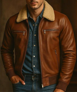 Veste en cuir véritable pour homme, col montant, décontractée, avec logo sur le devant, respirante et chauffante pour l'hiver - Product Image 3