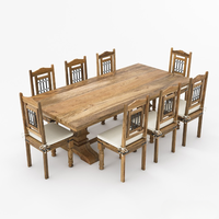 Ensemble table et chaises de salle à manger 8 places en bois de teck massif Java, avec base en fer forgé, artisanal et moderne