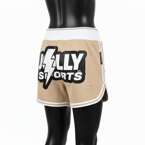 Shorts de sport pour femmes, 240 GSM, coton et polyester, polaire beige et blanc, panneau latéral, logo brodé personnalisé. - Product Image 5