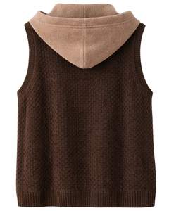 Custom Coffee Brown Hooded Knitted Sweater <b>Vest</b> <b>Wool</b> Acrylic Button Front Sleeveless Winter Cardigan With Contrast Pockets OEM - Product Image 2