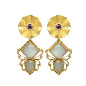 New Arrival <b>Long</b> Gold Plated Unique Design <b>Earring</b> Set with Milky Chaceldony Gemstone <b>Earrings</b> Dangle <b>Earrings</b> - Product Image 1