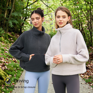 Sweat-shirt pour femme à col rond et demi-zip doublé en polaire tissée de couleur unie décontractée, nouvelle collection 2025 - Product Image 3