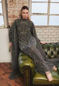 Robe longue en crêpe brodée et ornée, manches voilées, taille naturelle, travail manuel, perles, paillettes, robe de bal sexy et tendance - Product Image 6