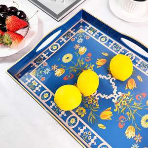 Plateau de service décoratif en bois bleu bohème rectangulaire pour table basse avec technique de gravure écologique pour les fêtes de mariage - Product Image 3