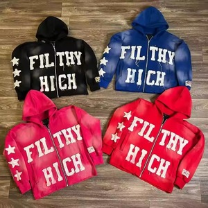 Fabrication Applique Broderie Soleil Faded Vintage Washed Streetwear Patchwork Surdimensionné Personnalisé Zip up Hoodie - Product Image 6