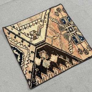 Turkish Vintage Rug, 1.8x1.8 ft Small Rug, <b>Brown</b> Beige Southwestern <b>Wool</b> Rug - Product Image 2