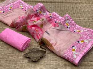 Bonne qualité pur Malai Organza Saree avec chemisier vêtements ethniques pour les mariages numérique imprimé broderie travail taux de gros - Product Image 4