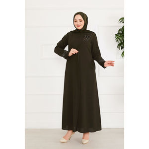 Abaya Hijab in Chiffon con Dettagli Floreali in Pizzo, Silhouette Dritta, Colore Kaki, con Bellissima Stampa Floreale - Product Image 1