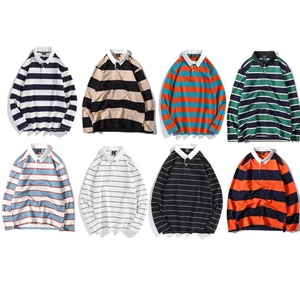 Camiseta de solapa de manga larga de gran tamaño para hombre al por mayor con dos botones, Jersey transpirable para hombre, camiseta de Jersey a rayas - Product Image 1