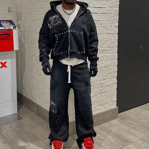 Fabricant Vintage personnalisé survêtement lavage à l'acide éponge française fermeture éclair DTG impression strass rivet sweats à capuche pantalons de survêtement survêtements - Product Image 1
