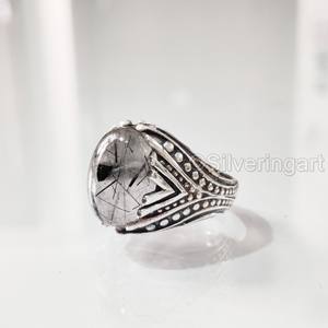 Bague en argent sterling 925 pour homme, avec pierre précieuse naturelle quartz rutile noir, pierre de naissance de avril, bijoux arabes de Noël, vente en gros - Product Image 2