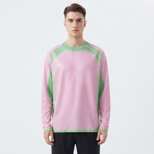 Camiseta Deportiva de Manga Larga para Hombre, Degradado Rosa Verde, Cuello Redondo, Secado Rápido, Tejido de Punto, Corte Regular - Product Image 1