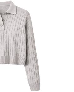 Pull en maille torsadée gris clair pour femmes, col polo, manches longues, ourlet côtelé, patte de boutonnage, pull décontracté d'hiver pour femmes - Product Image 4