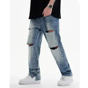 Pantalones vaqueros holgados de pierna ancha desgastados para hombres de alta calidad Pantalones de mezclilla de calle sólidos lavados - Product Image 4