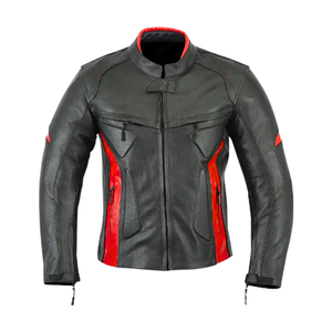 Veste d'équitation de moto en cuir de vachette véritable noir avec panneaux rouges Protections CE veste de moto de course sur route pour hommes - Product Image 1