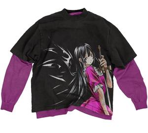 Custom Oversized Streetwear Distressed Full Print Graphic <b>Flame</b> Sleeves Double Layer Long Sleeve T-<b>shirt</b> Microfiber - Product Image 2