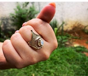Handmade Adjustable Brass Rainbow Moonstone Ring with Natural Stones - Product Image 1