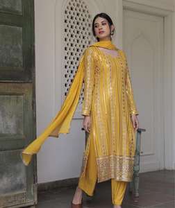 Costume de créateur Salwar Kameez tripal sequunce, vêtements indiens de travail et dupata, filet en soie, vêtements pour femmes - Product Image 6