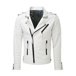 Veste de moto en cuir véritable de Style motard blanc pur avec veste de moto en cuir de course de piste protégée CE blindée pour hommes - Product Image 1