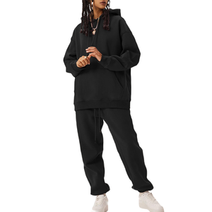 Conjunto Deportivo de Dos Piezas para Mujer, Invierno, Moda, Cálido, Holgado, Sudadera con Capucha y Hombros Caídos, Pantalones Largos - Product Image 1