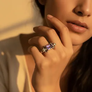 Anillo de Plata 925 con Amatista, Diseño Geométrico, Estilo Vintage, Clásico, Unisex, para Uso Diario - Product Image 2