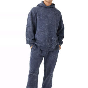 Ensemble de survêtement à capuche brodé en denim délavé de qualité supérieure pour hommes, jogging surdimensionné, ensemble de survêtement en molleton d'hiver, streetwear, fabrication sur mesure, vente en gros - Product Image 6