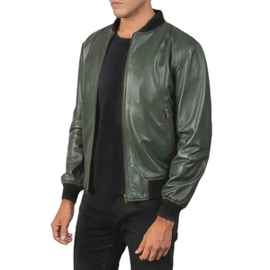 Men's Green PU Leather Bomber Jacket Zipper Closure Turn-<b>down</b> Collar Casual Autumn Wear - Product Image 4